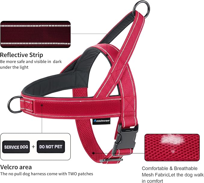 Annchwool No Pull Dog Harness,Heavy Duty Reflective Collar & Leash Set-Leash with Double Handle & Car Seatbelt Clip-Easy Control for Walking Training Medium Large Size Dogs(Red,L)