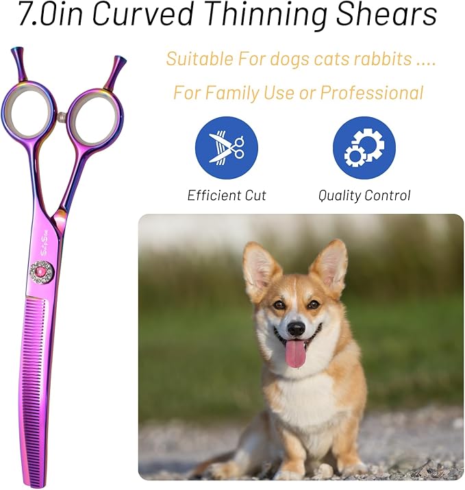 7" 60 Teeth Professional Dog Grooming Scissors, 25 Degree Curvature Pet Curved Thinning Shears, Japanese VG10 Steel Sharp, Durable Smooth Cutting Scissors for Dogs Cats and Other Pets Face and Paws