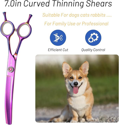 7" 60 Teeth Professional Dog Grooming Scissors, 25 Degree Curvature Pet Curved Thinning Shears, Japanese VG10 Steel Sharp, Durable Smooth Cutting Scissors for Dogs Cats and Other Pets Face and Paws