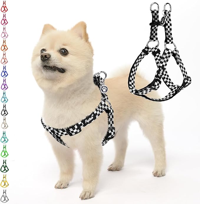 PUPTECK No Pull Dog Harness Soft Adjustable Basic Nylon Step in Puppy Vest Outdoor Walking with ID Tag, Checkered Black&White, M