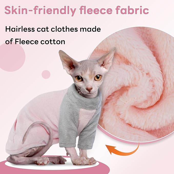T'CHAQUE Sphynx Cat Clothes, Soft Fleece Winter Sweaters for Hairless Cats, Warm Pajama Jumpsuit with Sleeves and Hoodie, Cozy Pullover Outfit for Kittens