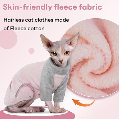 T'CHAQUE Sphynx Cat Clothes, Soft Fleece Winter Sweaters for Hairless Cats, Warm Pajama Jumpsuit with Sleeves and Hoodie, Cozy Pullover Outfit for Kittens