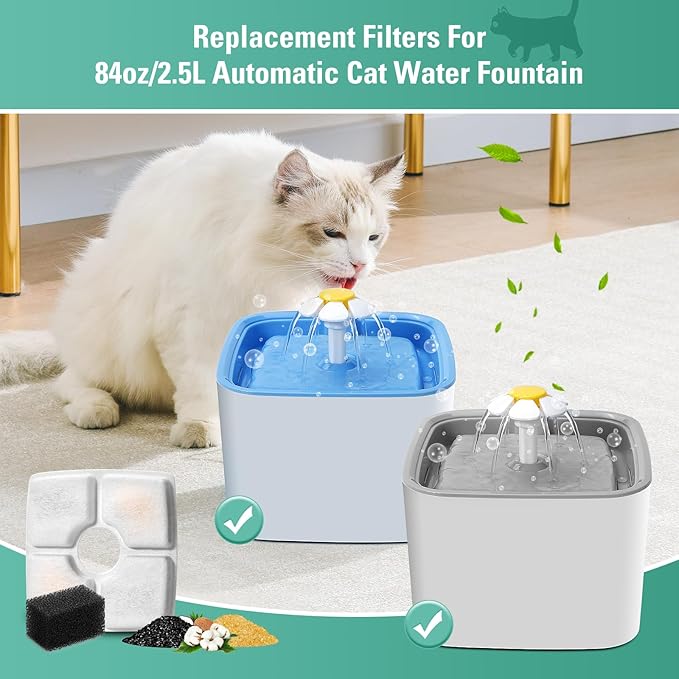 8 Pack Replacement Filters & Pre-filter Sponges for 84oz/2.5L Automatic Pet Fountain, BFLICROY Cat Water Fountain Filter, Triple Filtration Pet Fountain Replacement Filters