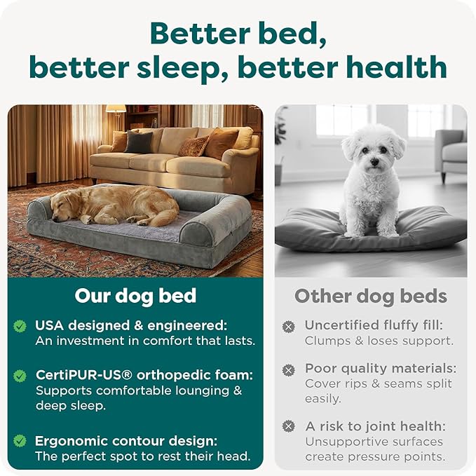 Furhaven Orthopedic Dog Bed for Large Dogs w/ Removable Bolsters & Washable Cover, For Dogs Up to 125 lbs - Faux Fur & Velvet Sofa - Smoke Gray, Jumbo Plus/XXL
