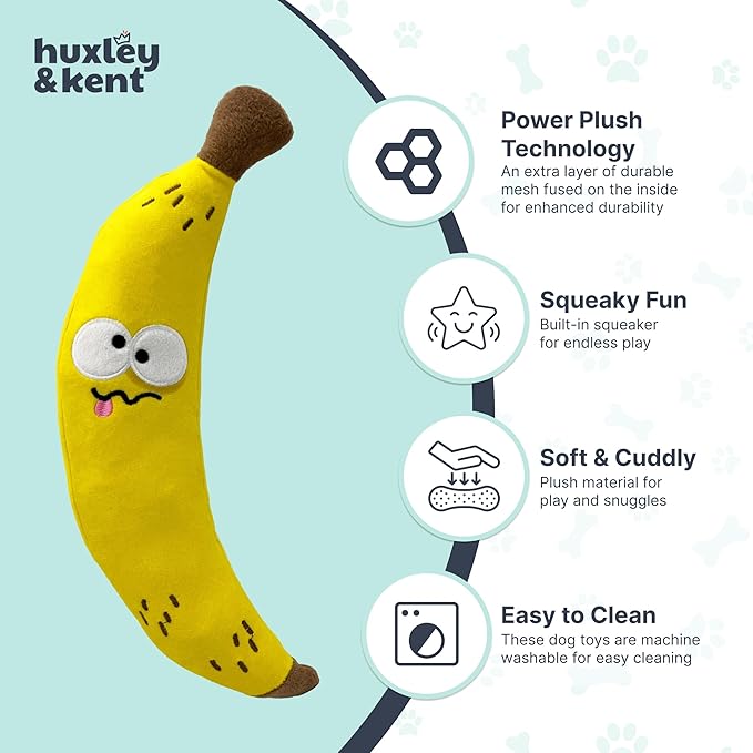 Huxley & Kent Funny Dog Toy w/Squeaker – Power Plush Squeaky Dog Toys for Small, Medium & Large Dogs – Soft Stuffed Animal for Indoor Play & Fetch - Fetchies® Bruiser Banana, Large