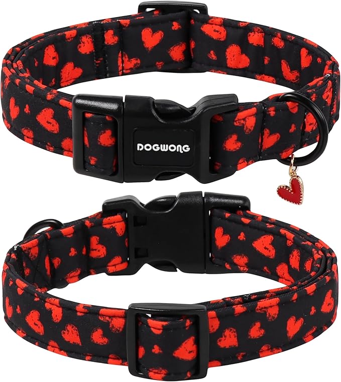 DOGWONG Red Heart Dog Collar Adjustable Soft Natural Fabric Girl Pet Dog Collar Cute Heart Valentine Puppy Necklace for Small Medium Large Dogs
