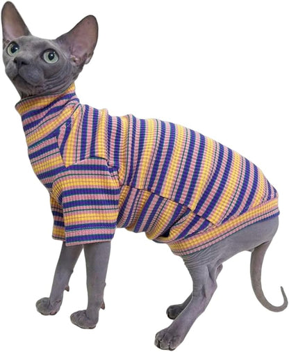Turtle Neck Vintage Stripes Sphynx Hairless Cat Cotton T-Shirts Pet Clothes Vest Kitten Shirts Sleeveless, Cats & Small Dogs Apparel (Rose Garden, M (5-6.5 lbs))