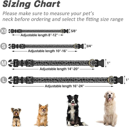 Reflective Dog Collar for Medium Dogs, Cute Leopard Style Adjustable Heavy-Duty Nylon Puppy Collar for Boy and Girl Female, Soft Pet Accessories with Quick Release Buckle, Gray