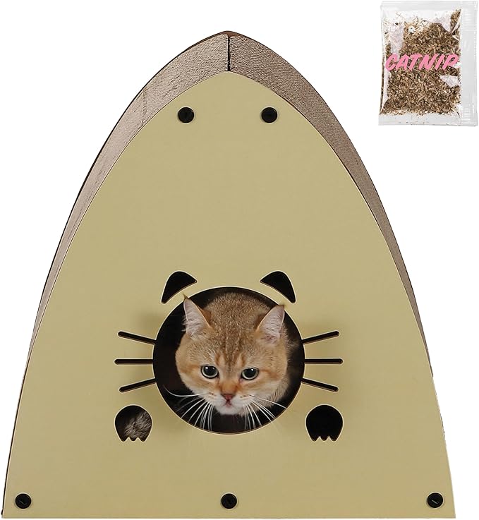 THE LICKER STORE CSR1006A Koko 19" Modern Cardboard Triangle Cat Cave Scratcher with Catnip, Almond