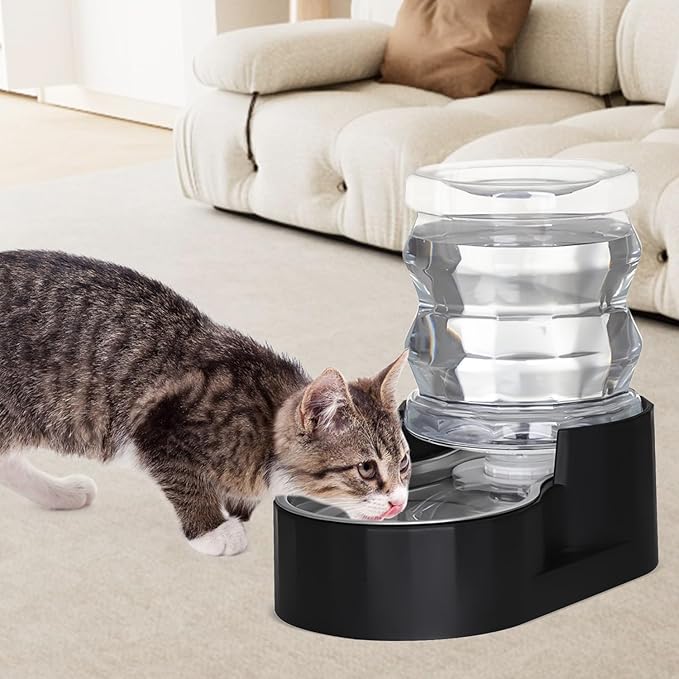 RIZZARI Dog Food Water Dispenser: 4L Large Black Stainless Steel Feeder with Triple Filter -Healthy Hydration for Pets in The Living Room - Garden and Study Room