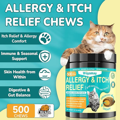 Woyamay Cat Allergy Relief for Cats, 500 Crunchy & Creamy Anti-Itch and Immunity Chews for Itchy Skin, Paws, Eyes, Ears| Stop Licking & Scratching, Supports Seasonal Itching, Chicken Flavor