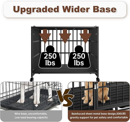 Snuowu 38 Inch Heavy Duty Dog Crate with Wheels，Indestructible Escape-Proof Dog Cage for Large Dogs, Extra Large XL XXL Indestructible Dog Crate with Removable Tray.