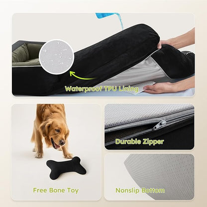 CWAWZ Dog Beds for Large Dogs, Orthopedic Dog Bed with Cooling Gel Memory Foam, Waterproof Large Pet Bed with Removable Washable Cover, 36" Pet Sofa Couch Dutch Velvet with Bone Toy, Black