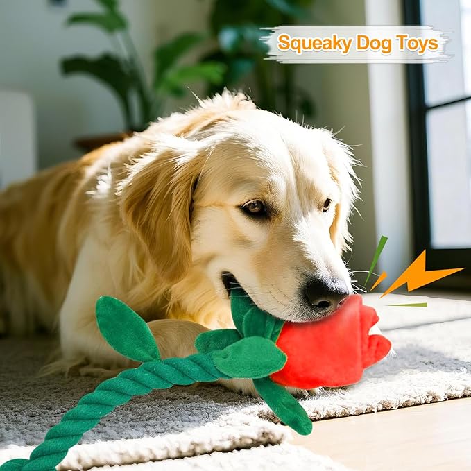 Rose Flower Plush Squeaky Dog Toys with Crink Paper for Small Medium Large Dogs