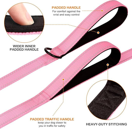 Joytale Dog Leash Heavy Duty for Large Dogs That Pull, Double Handle for Traffic Control, Double-Sided Reflective Leashes for Large Medium Dogs Night Safety, 5FT, Pink