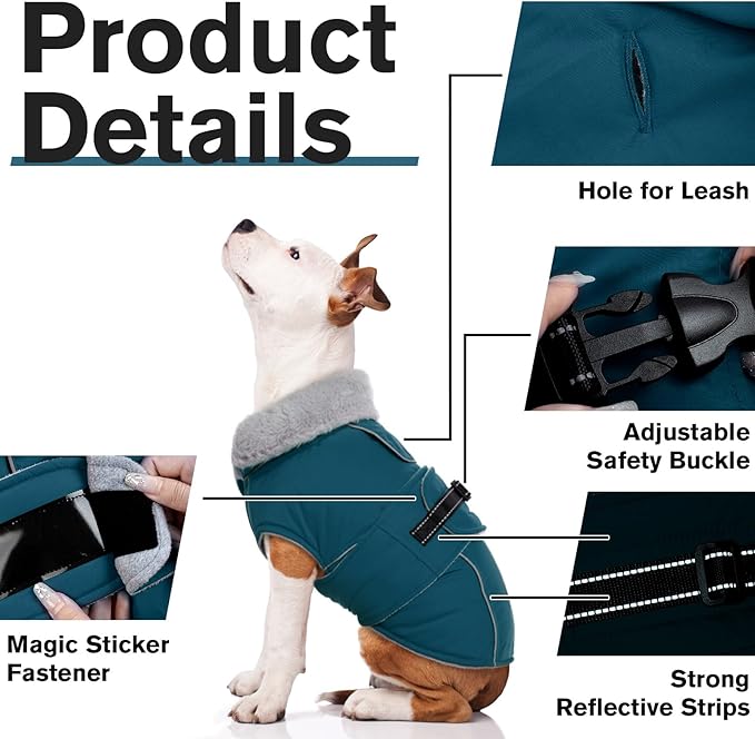 Lelepet Warm Dog Coats for Large Dogs Waterproof Dog Winter Jacket Reflective Pet Fleece Vest Windproof Cold Weather Coats with Adjustable Buckle & Leash Hole, Dark Green, L