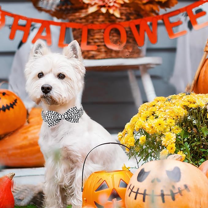 ARING PET Halloween Dog Collar with Bow, Black White Plaid Ghost Floral Cute Pet Collars with Quick Release Buckle for Puppy Small Medium Large Girl Boy Dogs-M