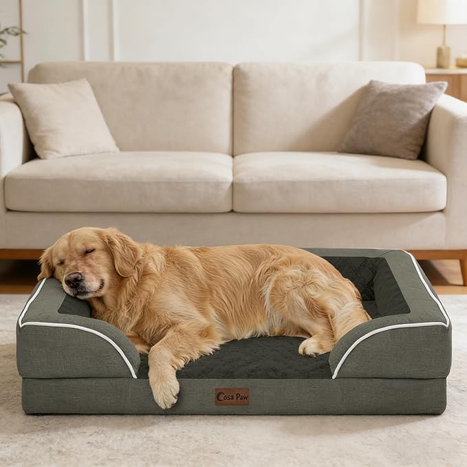 Casa Paw Orthopedic XXL Dog Beds, Waterproof Memory Foam Big Pet Bed for Extra Large Sized Dogs 53x42Inch, Non-Slip Bottom and Egg-Crate Foam Dog Couch Bed with Washable Removable Cover, Dark Green