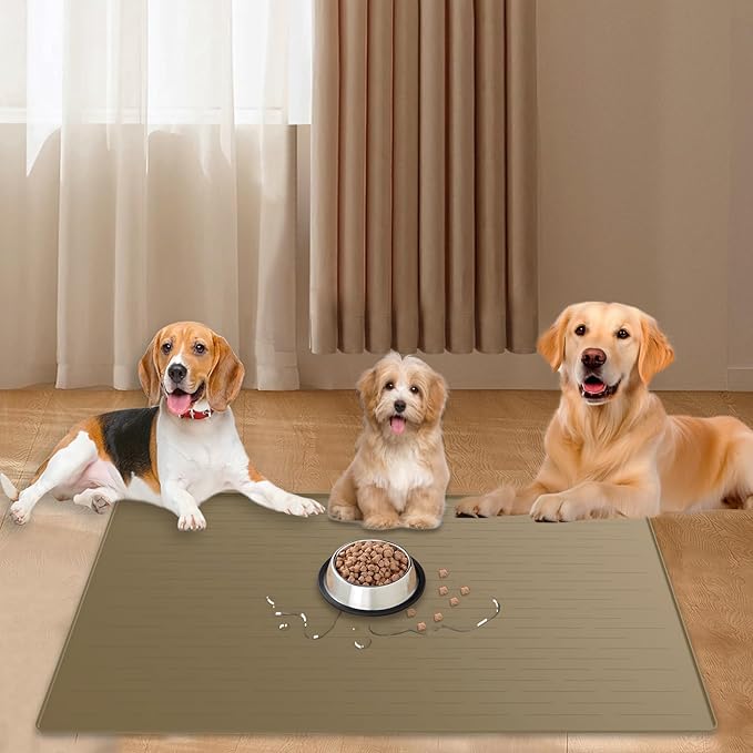 40"x30" Extra Large Silicone Pet Food Mat, XXL Pet Feeding Mat with Raised Edges, Waterproof Dog Bowl Mat for Food and Water, Cat and Dog Placemat for Floors, Light Brown
