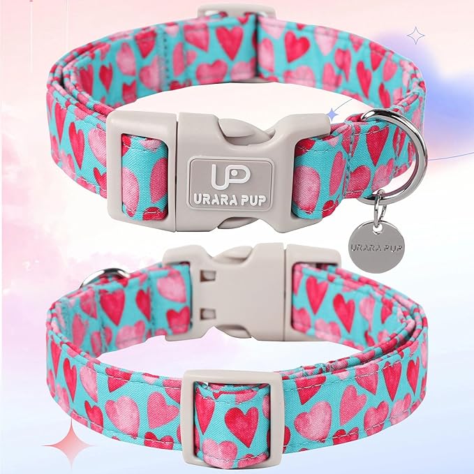 UP URARA PUP Valentine’s Day Dog Collar, Pink Heart Dog Collar with Quick Release, Valentine’s Day Gift Pet Girl Boy Dog Collar for Puppy Small Medium Dogs, Wedding Dog Collar