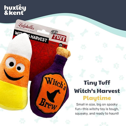 Huxley & Kent Halloween Funny Dog Toy w/Squeaker – Power Plush Squeaky Dog Toys for Small Dogs – Durable Small Stuffed Animal for Indoor Play & Fetch - Tiny Tuff Witch's Harvest 2pk