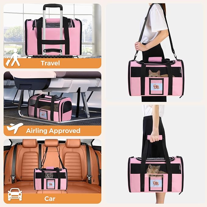 FOORLON Cat Carrier Soft for Pets Up to 15 Lbs, Cat Travel Bag with Padded Shoulder Strap and Detachable Cat Food Bowl, Pet Dog Carriers for Small Dogs Travel Puppy Carry Airline Approved, Pink