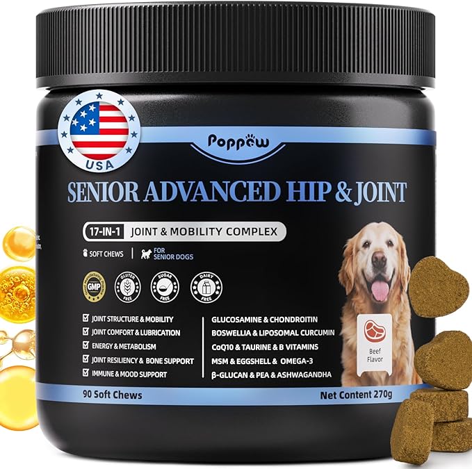 POPPAW Senior Advanced Joint Supplement for Dogs – 17-in-1 Glucosamine for Dogs with Chondroitin – Hip & Joint Pain Relief Pills – Mobility Support Chews – Large & Small Breeds - Beef Flavor – 90Ct