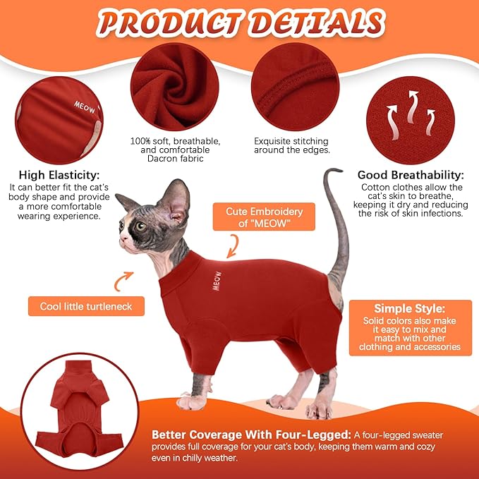 ROZKITCH Cat Jumpers, Breathable Soft Cat Jumpers for Cats Only, Coat with Four Legs, Warm Sweater T-Shirt Pajamas Jumpsuit Vest Cornish Rex Devon Rex Peterbald Red S