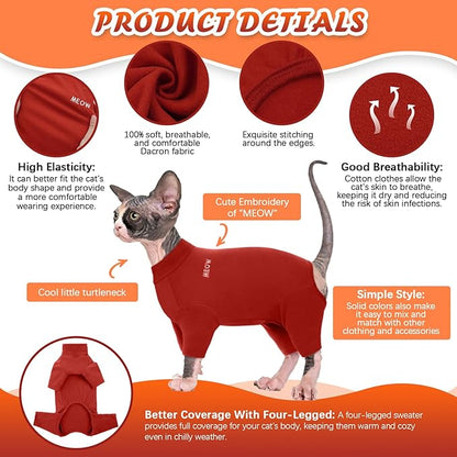 ROZKITCH Cat Jumpers, Breathable Soft Cat Jumpers for Cats Only, Coat with Four Legs, Warm Sweater T-Shirt Pajamas Jumpsuit Vest Cornish Rex Devon Rex Peterbald Red S