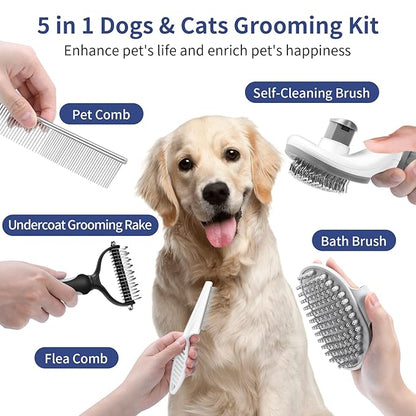 WOPQAEM Dog Brush Grooming Kit 5 PCS - Self Cleaning Slicker Brush for Shedding Short Long Haired Dogs & Cats, Includes Pet Comb, Flea Comb, Bath Brush, Undercoat Rake - Complete Fur Care Set - Gray