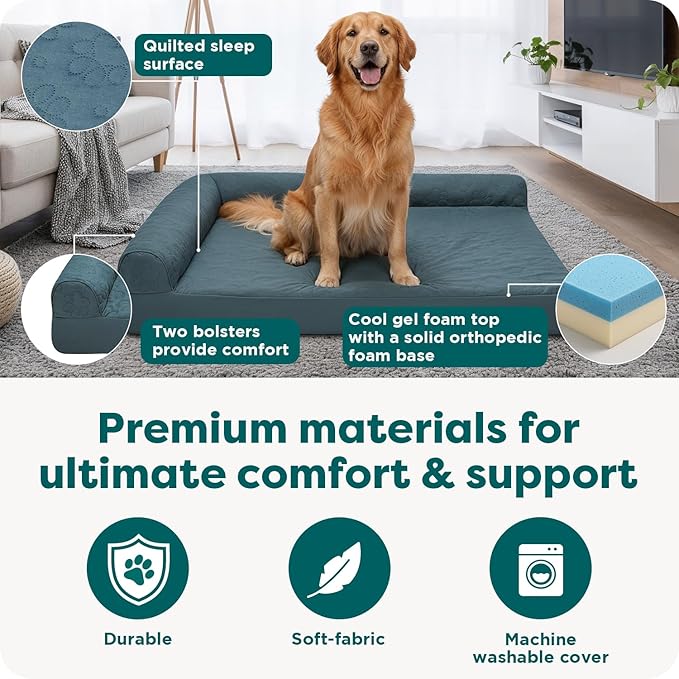 Furhaven Cooling Gel Dog Bed for Large Dogs w/ Removable Bolsters & Washable Cover, For Dogs Up to 95 lbs - Pinsonic Quilted Paw L Shaped Chaise - Titanium, Jumbo/XL