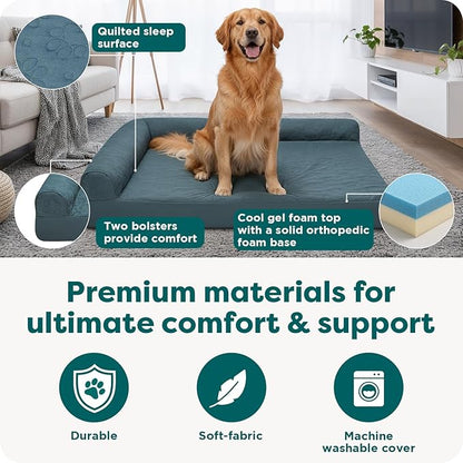 Furhaven Cooling Gel Dog Bed for Large Dogs w/ Removable Bolsters & Washable Cover, For Dogs Up to 95 lbs - Pinsonic Quilted Paw L Shaped Chaise - Titanium, Jumbo/XL