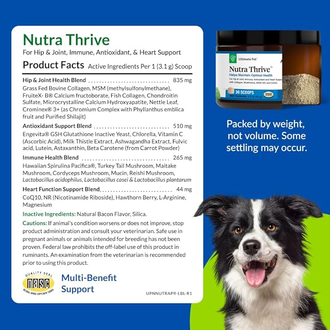 Ultimate Pet Nutrition Nutra Thrive Canine, 40-in-1 Nutritional Powder Supplement for Dogs with Digestion and Immune Support, Vitamins, Minerals, Probiotics, Enzymes, 30 Scoops (Pack of 3)