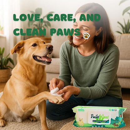 BASIL Pet Grooming Multi-Purpose Wipes for Dogs, Cats & Puppies – 80 Large Wipes (8″ × 8″) | Aloe Vera, Vitamin E & Castor Oil | Paw, Ear, Mouth & Butt Cleaning Wipes | Lemon Scent, Paraben-Free