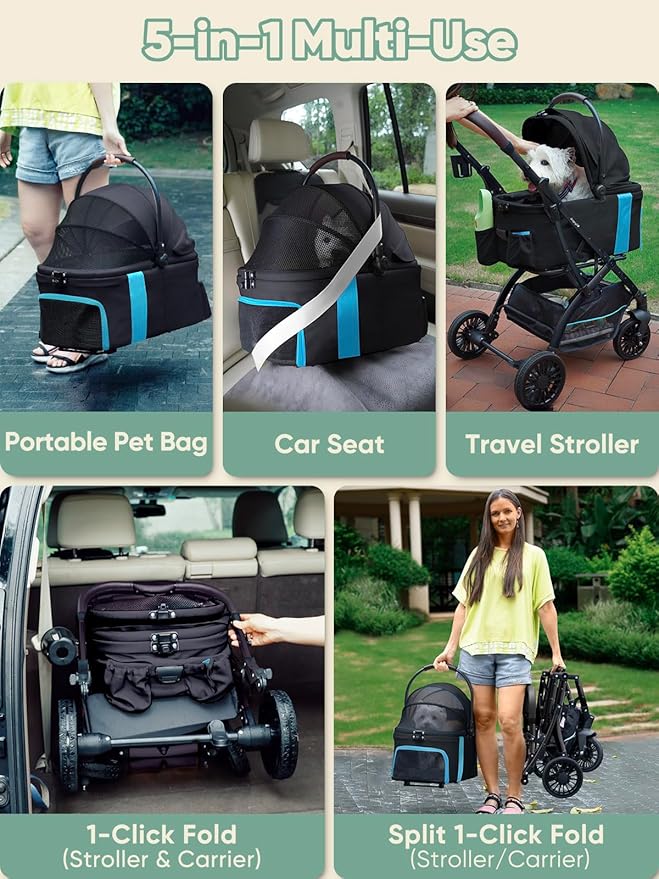 Small Dog Stroller, Pet Stroller for Small Dogs, 5-in-1 Dog Strollers - Fold All in One Without Detaching Carrier, Pet Strollers with Removable Waterproof Carrier for Dogs Cats 10 lbs 20 lbs - Black