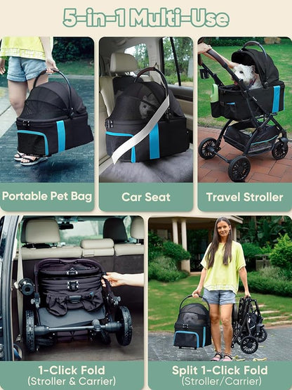 Small Dog Stroller, Pet Stroller for Small Dogs, 5-in-1 Dog Strollers - Fold All in One Without Detaching Carrier, Pet Strollers with Removable Waterproof Carrier for Dogs Cats 10 lbs 20 lbs - Black