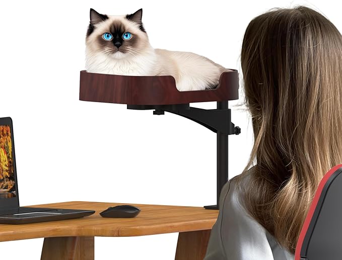 RAKEMETE Cat Desk Bed, Adjustable Up and Down and 360° Rotatable for Elevated Pet Habitat in The Home&Office - Space-Saving, Comfortable Litter, Pet Mat and Removable Indoor Cat Mat