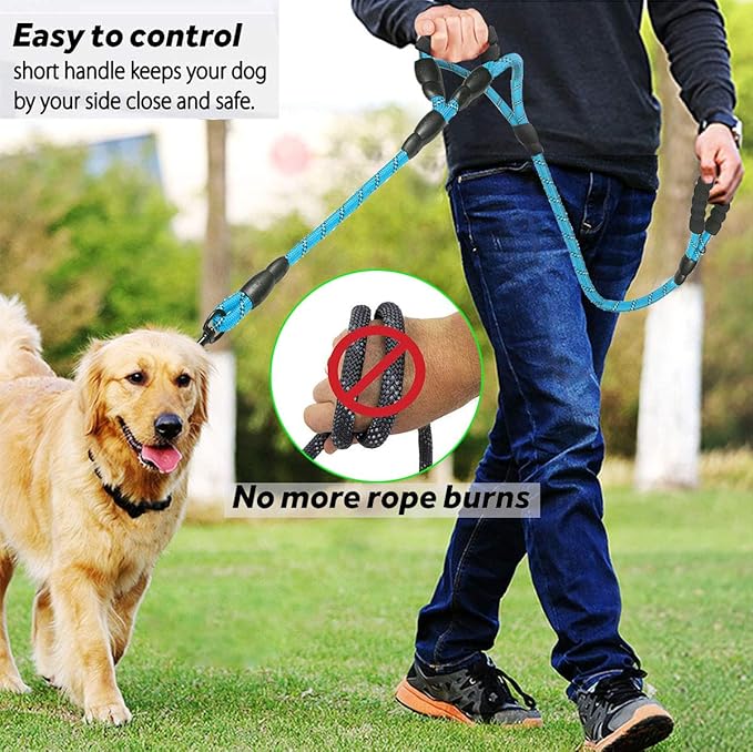 JSXD Heavy Duty Double Handle Dog Leash - 5 FT, Padded & Reflective, Rope for Small to Large Dogs (Blue)