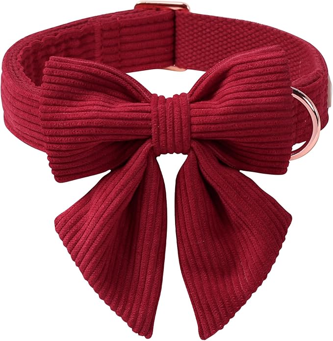 Corduroy Dog Collar with Laday Bow, Adjustable Heavy-Duty Dog Collars for Small Medium Large Dogs, Wine Red Winter Christmas Puppy Bowtie Collar L
