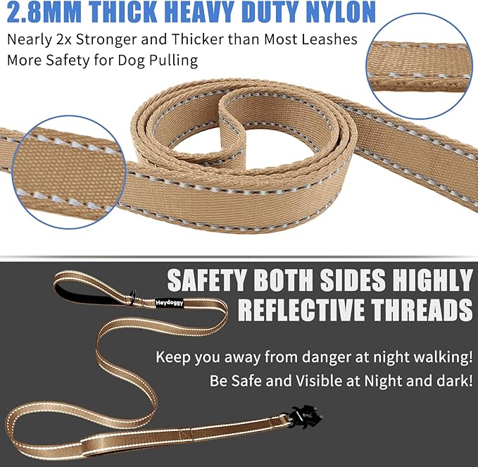 Strong Heavy Duty Dog Leash - 5ft Reflective Nylon Training Leash with Soft Padded Double Handle & Auto Lock Frog Clip - Safety Traffic Control for Large Medium Small Dogs No Pull Walk Khaki,6ft