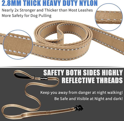 Strong Heavy Duty Dog Leash - 5ft Reflective Nylon Training Leash with Soft Padded Double Handle & Auto Lock Frog Clip - Safety Traffic Control for Large Medium Small Dogs No Pull Walk Khaki,6ft