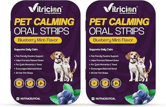 Vitricion Pet Calming Oral Strips for Dogs and Cats – 60 Strips, Fast-Acting Anxiety Support Supplement with Melatonin and L-Theanine, Natural Support for Travel, Thunder, Grooming – Blueberry Mint