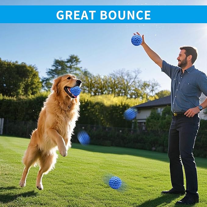 Durable Indestructible Squeaky Dog Ball for Aggressive Heavy Chewers, Unbreakable Tough Natural Rubber Dog Toy, Bouncy Interactive Ball for Medium & Large Dogs, Safe for Teeth & Gums (Blue)