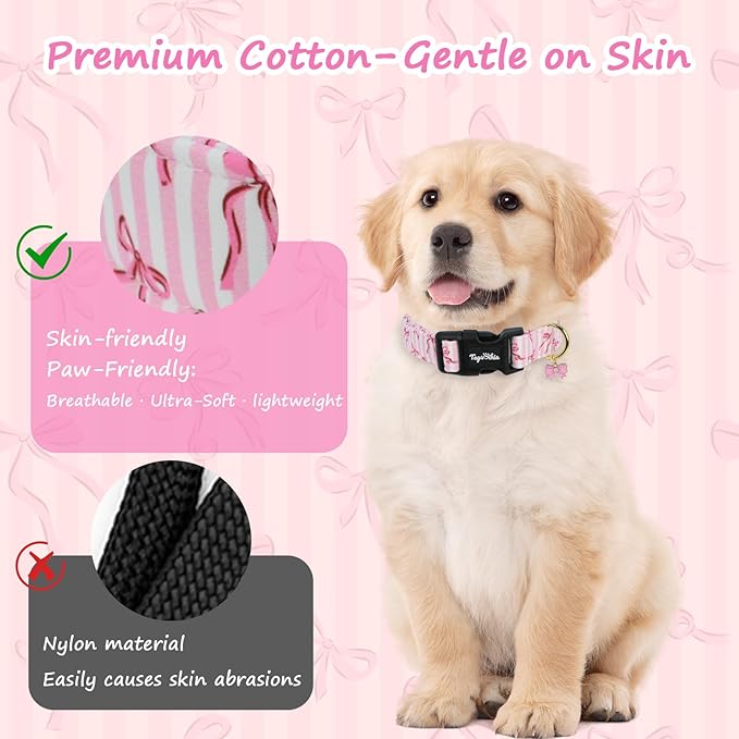 Dog Collar with Bows Patterns, Spring Summer Collection Pink Dog Collar with Exquisite Pendant, Durable Adjustable Collars for Gifts & Daily Use-M