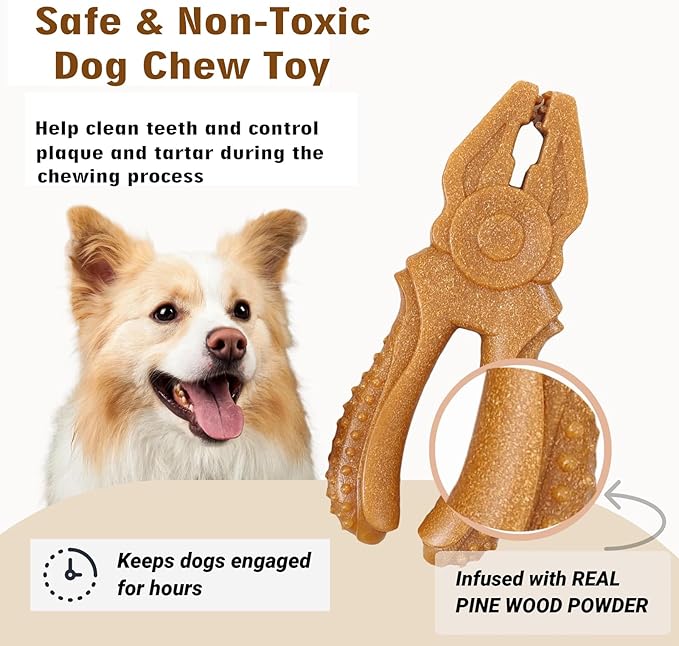 Dog Chew Toys, Aggressive chewer toy for Medium& Large dogs, Made of real pine wood and durable Food-Grade nylon, with Tool Shape Design for Dental Cleaning and Long-Lasting Chewing (brown-2 pieces)