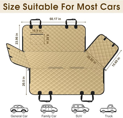 NECKORY Waterproof Dog Car Seat Cover for Back Seat - Durable, Scratch Proof Pet Hammock with Nonslip Design & Storage Pockets, Fits Cars, SUVs, Trucks - L, Khaki/Black