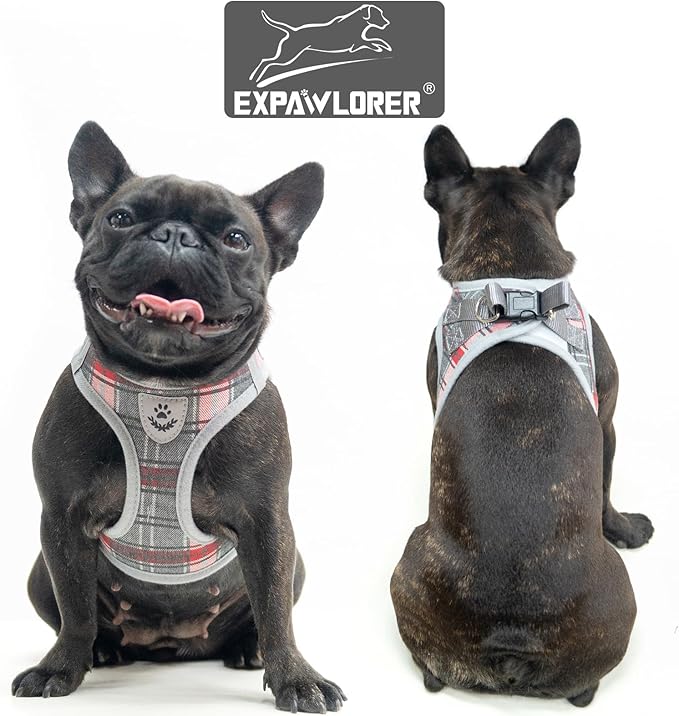 EXPAWLORER Classic Plaid Dog Harness - Large Dog Collar and Leash - Soft Mesh Padded Adjustable Step in Dog Vest Harness No Pull, Reflective Escape Proof for Outdoor Walking, Grey Large