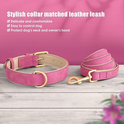 Beirui Soft Padded PU Leather Dog Collar and Leash Set, Durable Dog Leash and Collar Set with Metal Buckle, Breathable Pet Collars with 4FT Leash for Large Dogs(Rose, Neck 16-21")