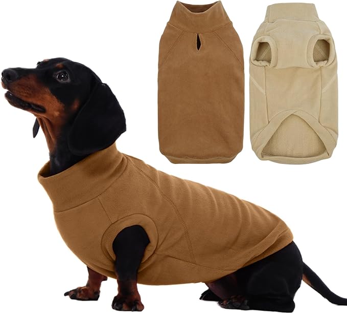 IECOii 2 Pack Fleece Dachshund Sweater - Cozy & Stretchy Winter Coats, Weenie Fleece Vest for Daily Wear, Cold Weather Sweatshirts for Outdoors, Machine Washable (Size L, Dark Brown & Light Brown)