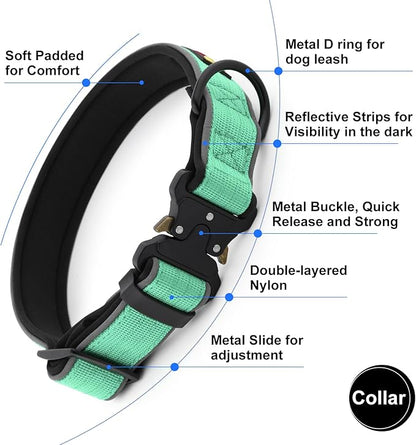 Plutus Pet Tactical Dog Collar, Reflective, Adjustable Heavy Duty Dog Collar, Soft Padded and Comfortable, for Small Medium and Large Dogs (Teal, L)